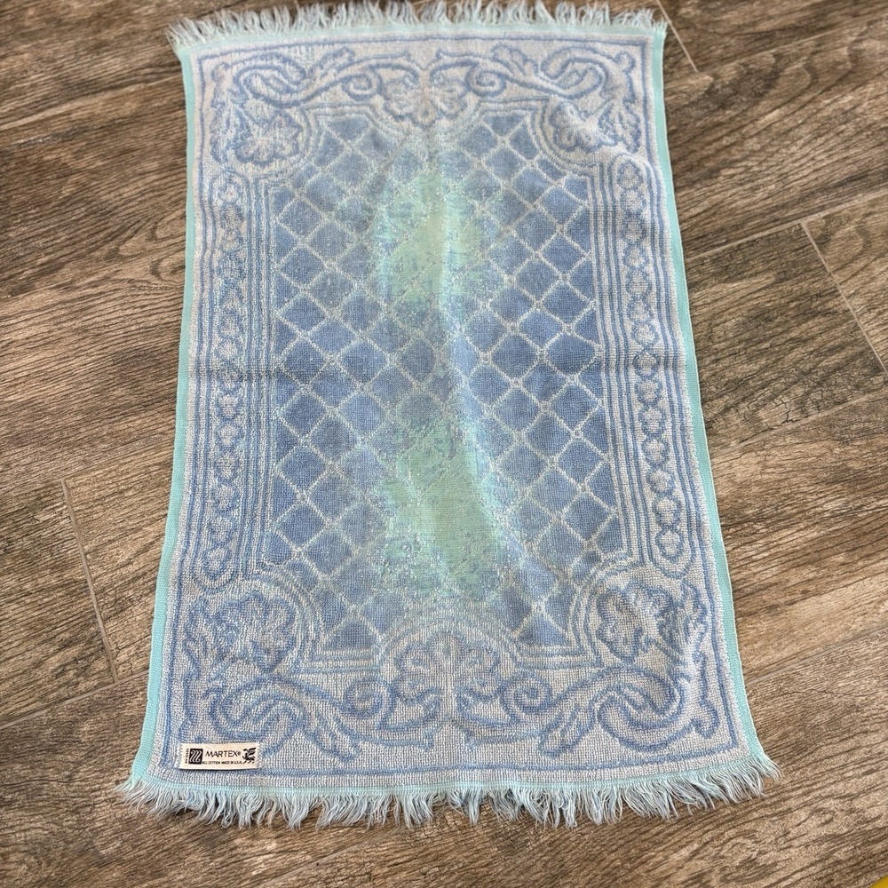 Vintage 1960s 1970s Martex Blue Ornate Hand Towel Fringe Made USA Cotton MCM